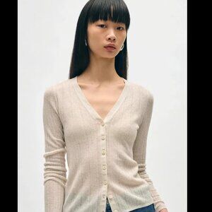 White + Warren Linen Gauze Variegated Ribbed Cardi Top Size L